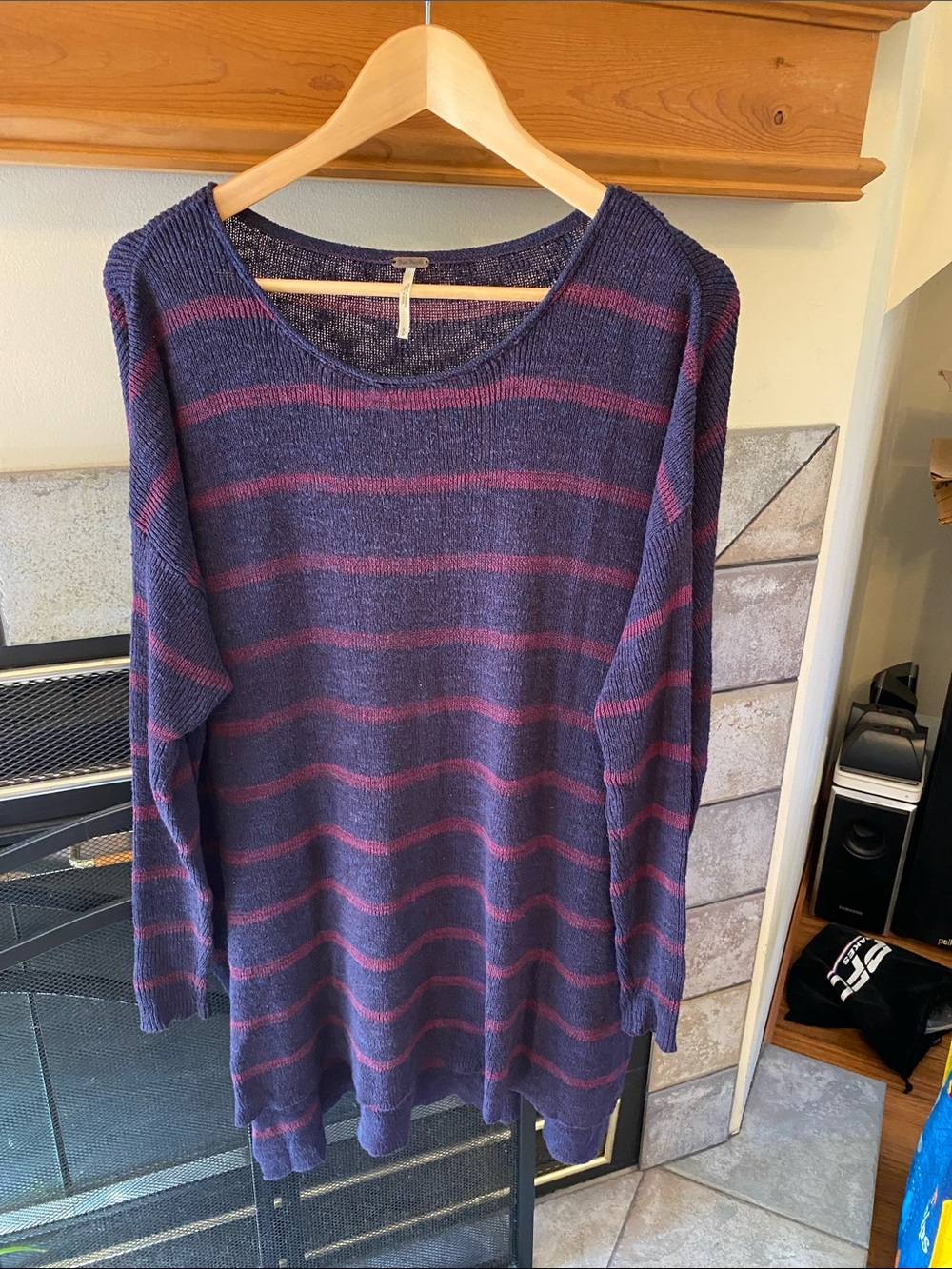 Free People Navy and Maroon Striped Scoop Neck Sweater- vintage